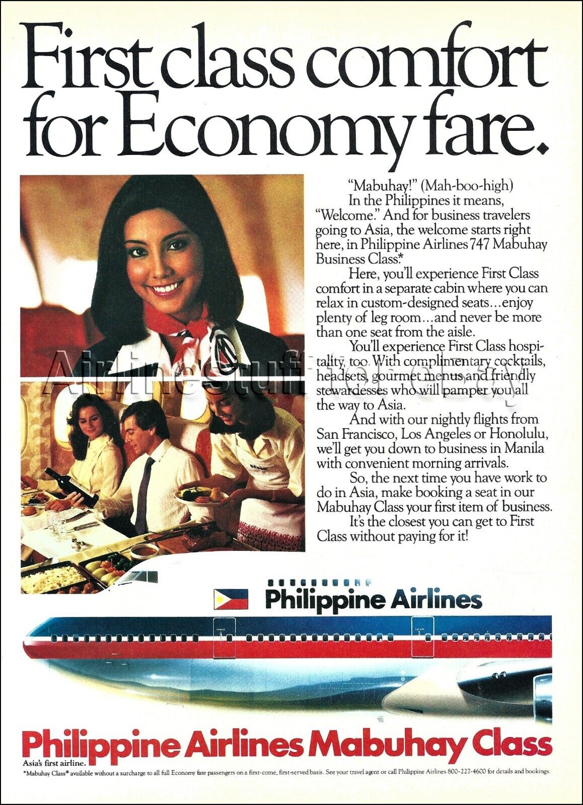 1984 PHILIPPINE Airlines MABUHAY BUSINESS CLASS 747 DC10 Stewardess ad advert