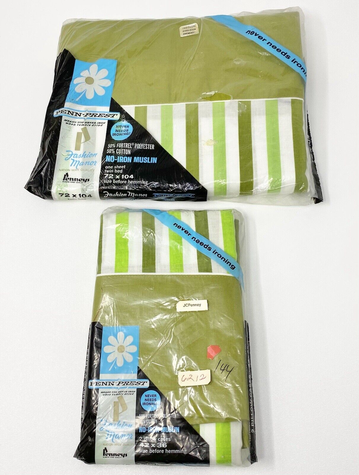 Vintage Twin Flat Sheet Pillow Cases Avocado Green/White Striped JC Penny 70s