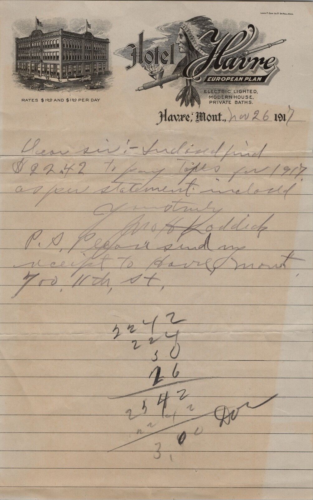 1917 Harve Hotel, Montana Handwritten Letter Regarding Funds Due