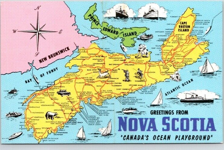 NOVA SCOTIA, CANADA MAP POSTCARD  Shows Surroundings, Roads, Attractions