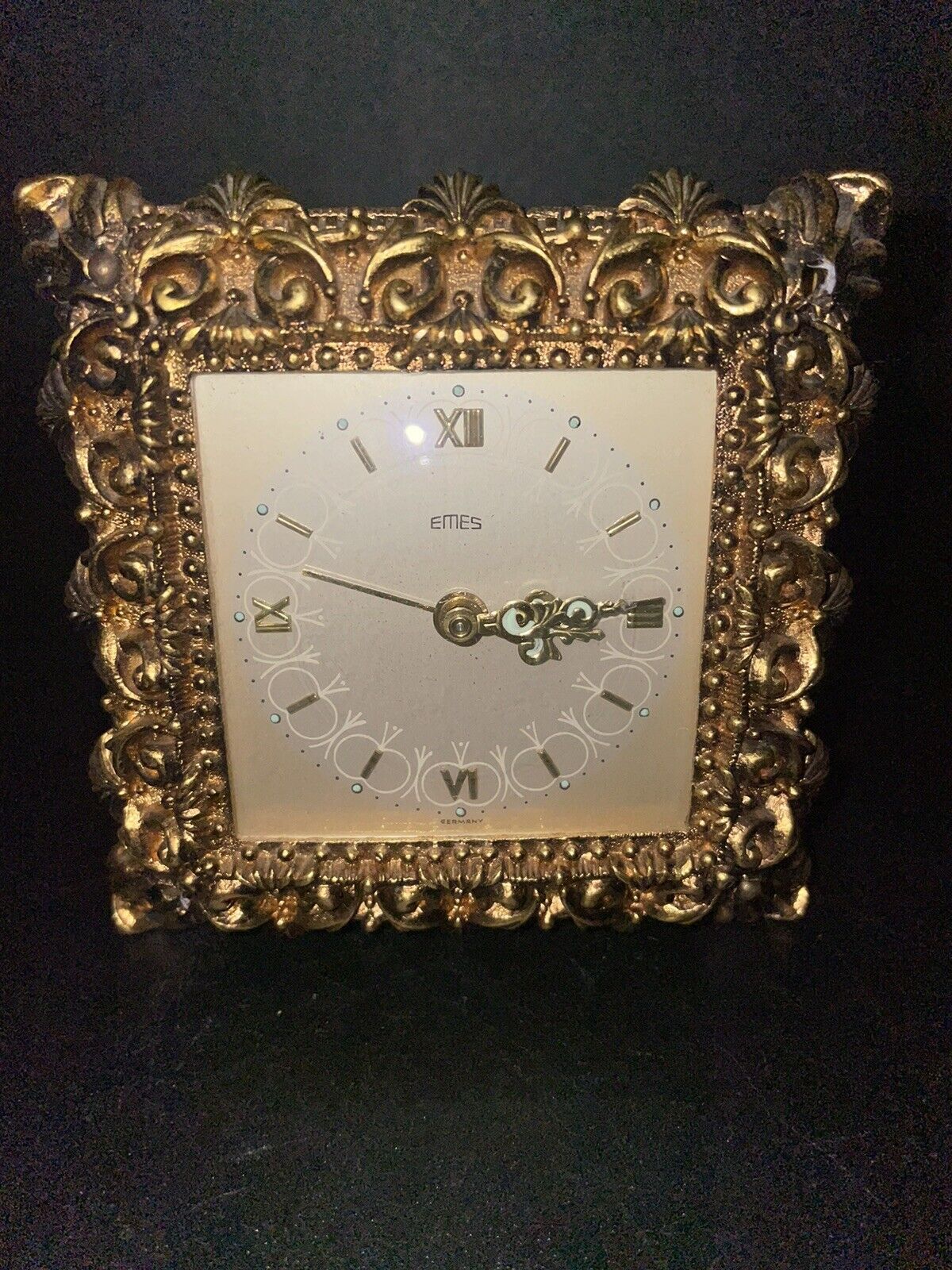 EMES GERMAN 1960s Travel- Alarm Clock-Golden Brass-Baroque Motifs-Works-Hefty