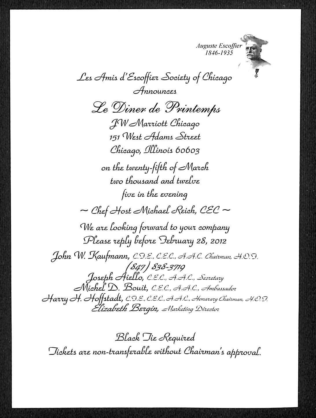 2012 Les Amis d' Escoffier Society of Chicago Le Diner de Printemps Invitation 