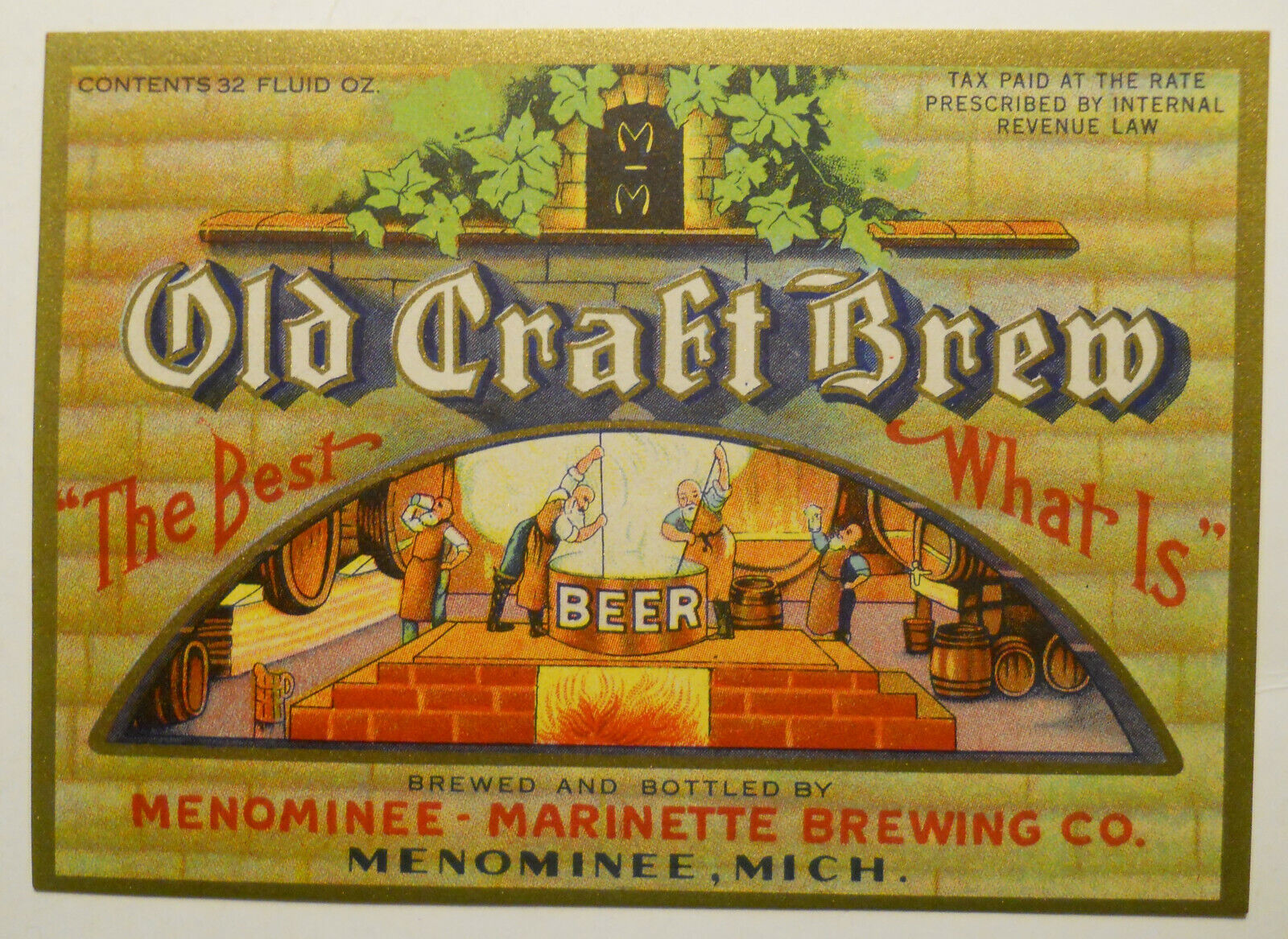 VIntage 1930\'s Old Craft Brew Beer (Menominee, Michigan) Bottle Label