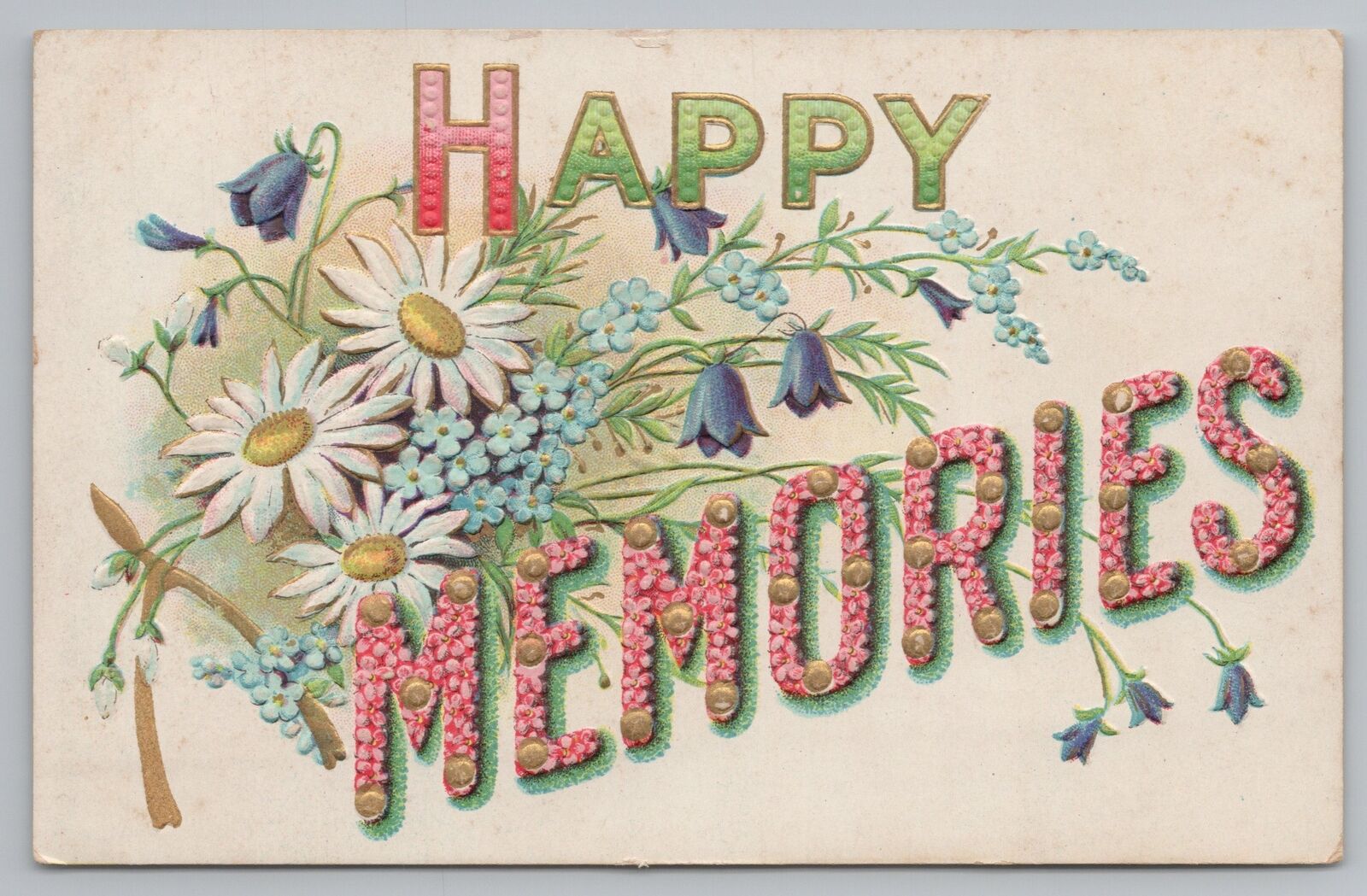 Greetings~White Daisies~Blue Flowers~Happy Memories~Vintage Postcard