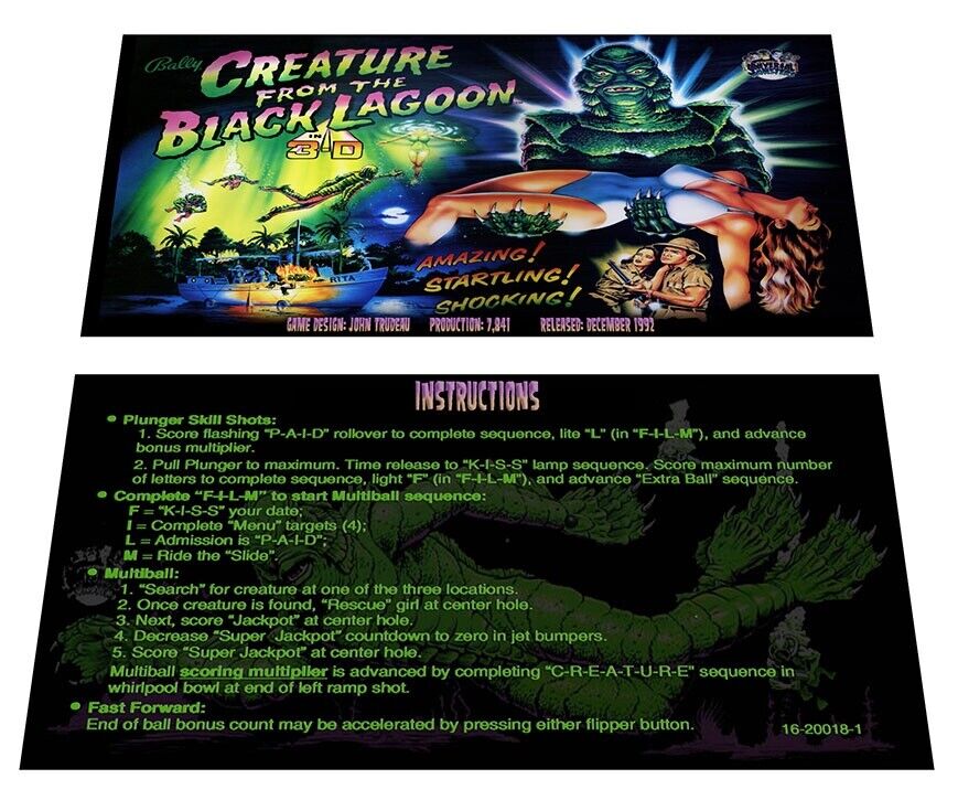 Bally Creature from the Black Lagoon Pinball Custom Apron Instruction Cards