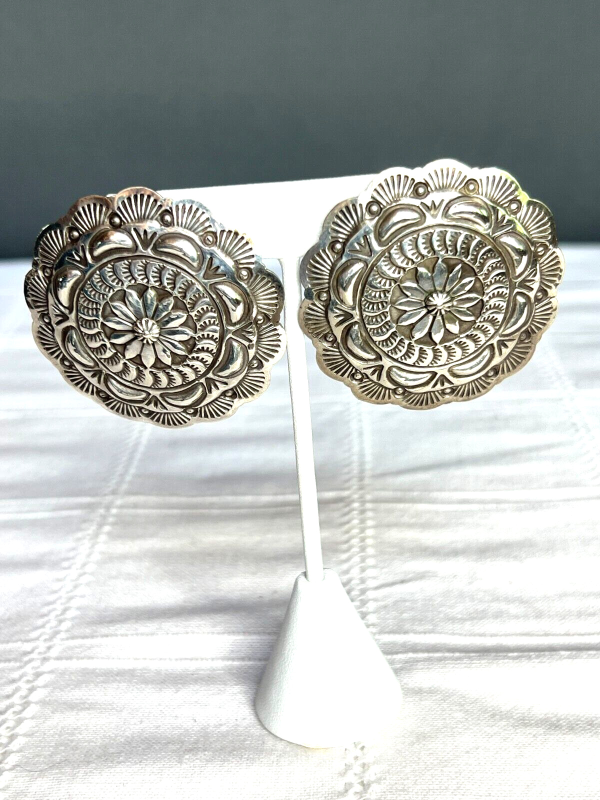 Navajo Sterling Silver Stamped Handmade Concho Earrings Floral Beautiful