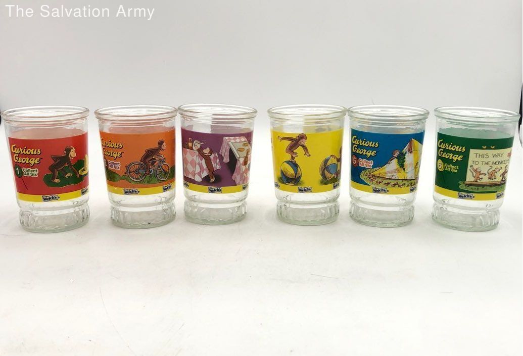 Lot of 6 Curious George Collectable Glass Cups