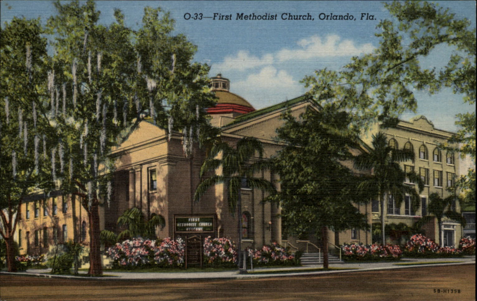 Orlando Florida ~ First Methodist church ~ 1940s linen postcard