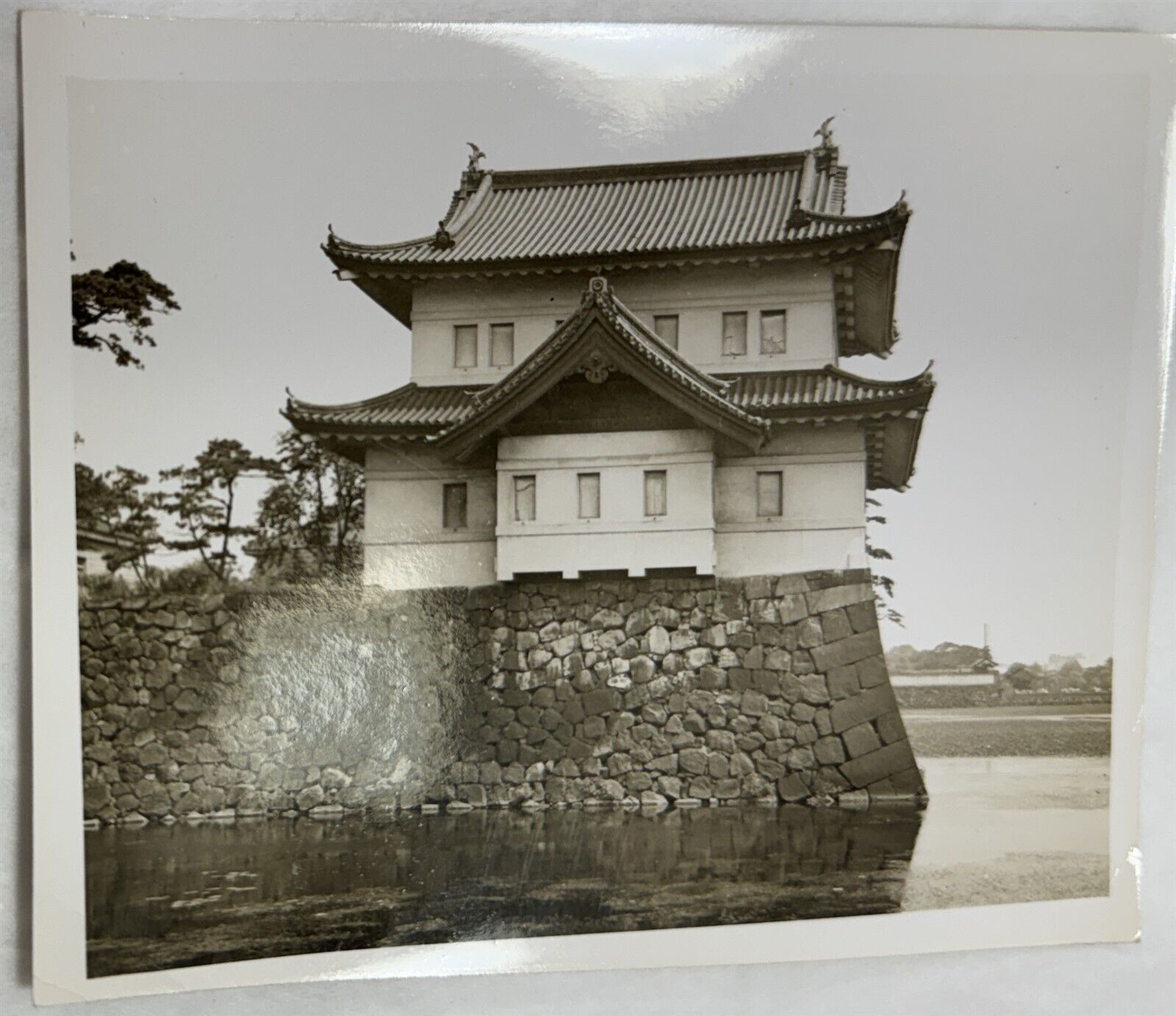 Vintage B&W Photo Japanese Pagoda House Stone Cliff