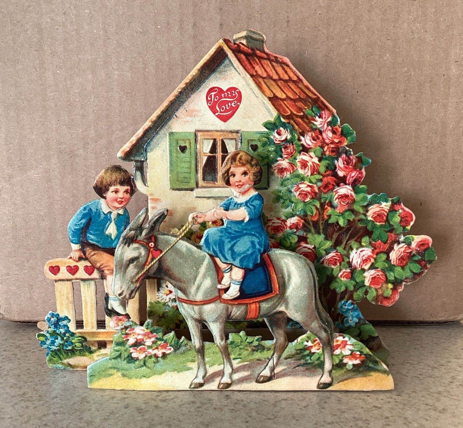 Antique  Die Cut Pop Up Valentine c1935 Girl On Donkey Cottage W Roses
