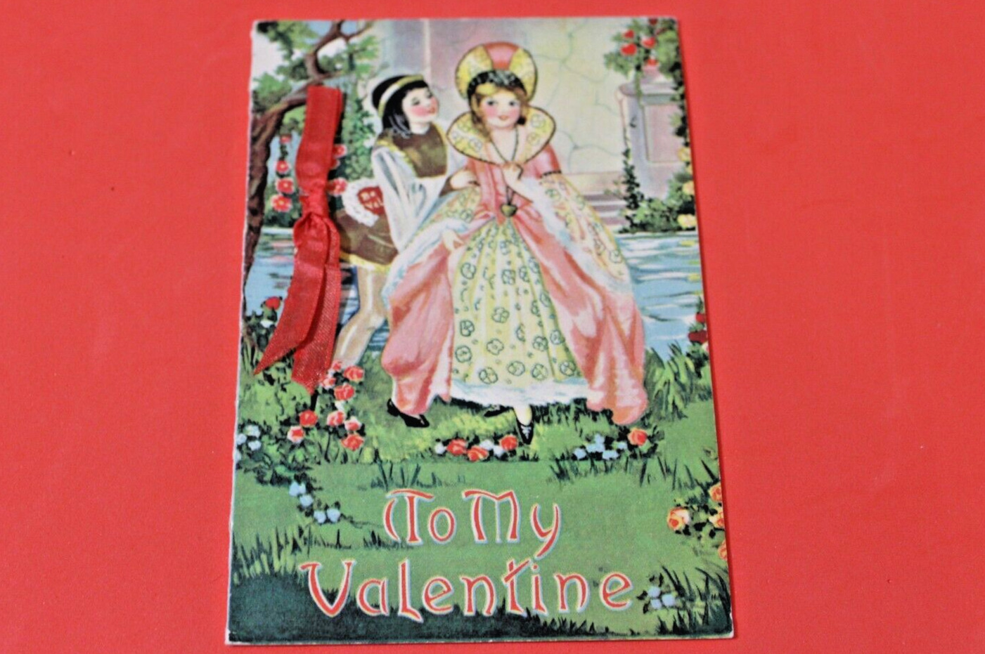 GORGEOUS Vintage 1920s 1930s Art Deco VALENTINE\'S DAY CARD w/Red Satin Ribbon
