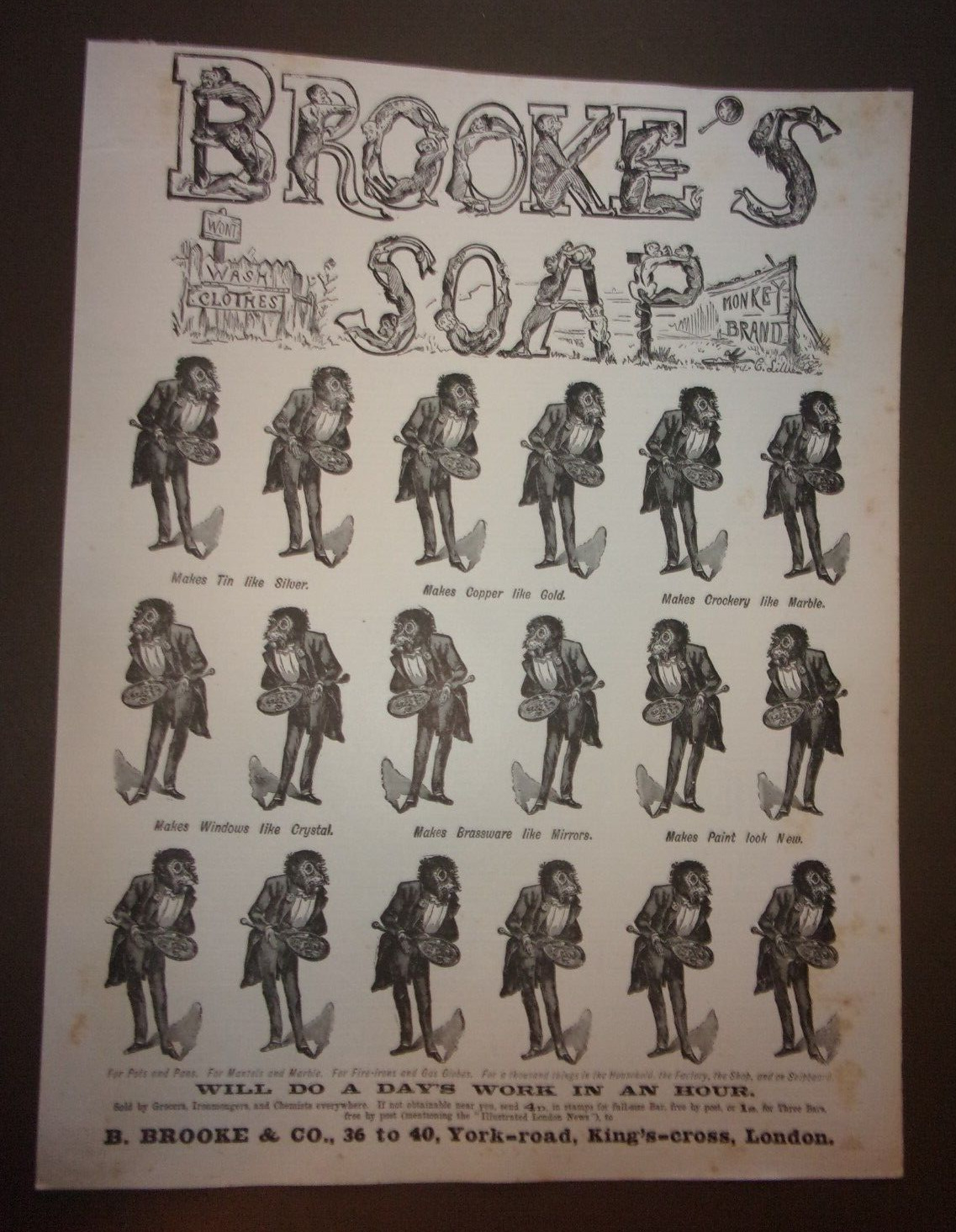 Monkey Brand BROOKE\'S SOAP  Cleaner -1890 Magazine ad- 11.25 x 15