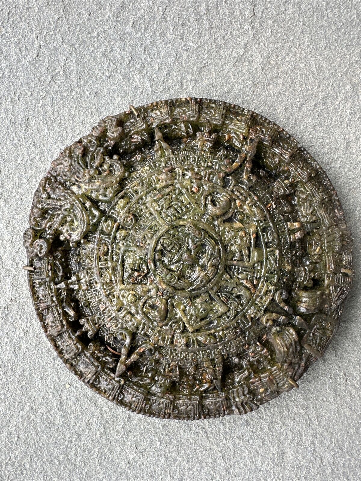 Aztec Sun Calendar Green Crushed Malachite Stone Mexican Cuauhxicalli 7”
