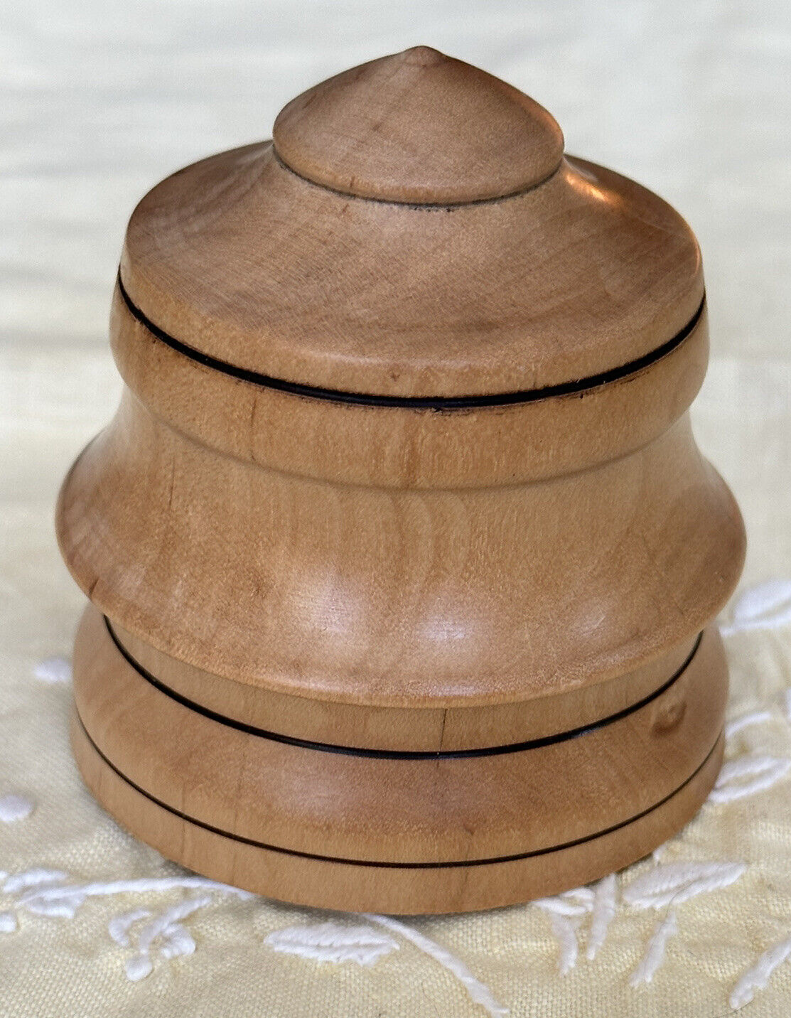 Wooden Small Round Kum Kum Powder Tika Box Hand Carved, Signed/ Dated 2004