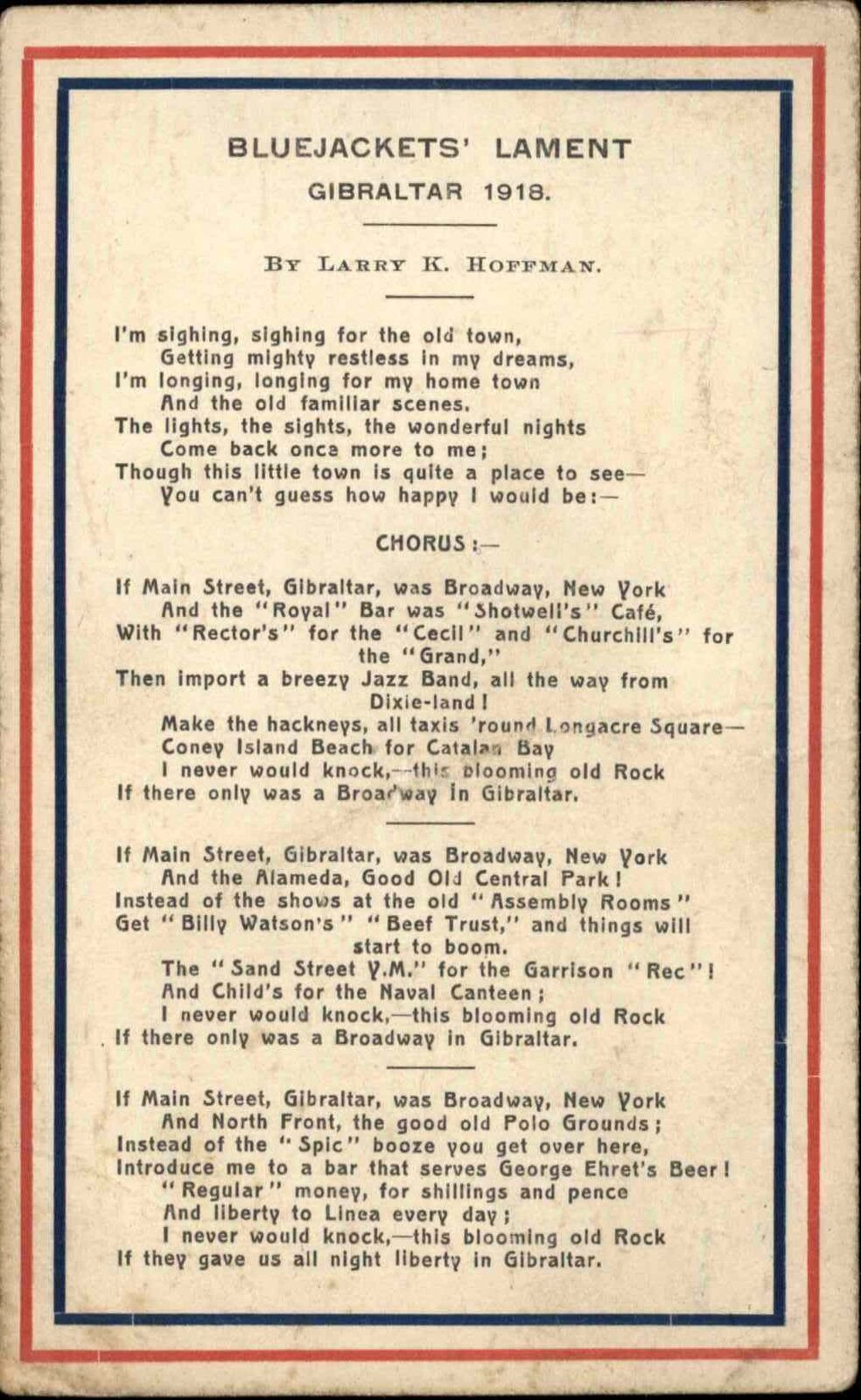 WWI Bluejackets\' Lament Pro America Patriotic Soldier Song Vintage Postcard