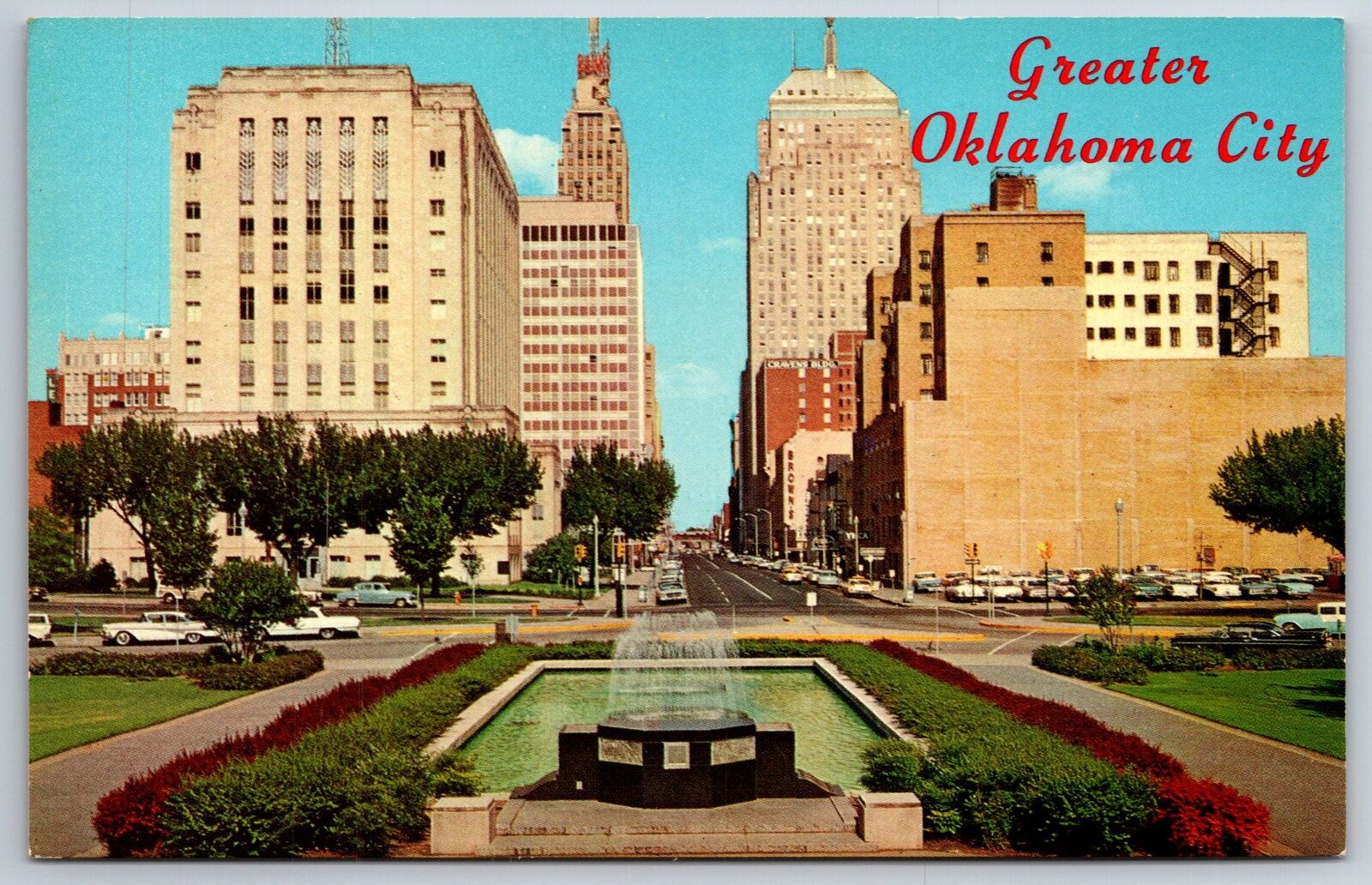 Oklahoma City~View Looking East On Park Avenue W/ Fountain~Vintage Postcard
