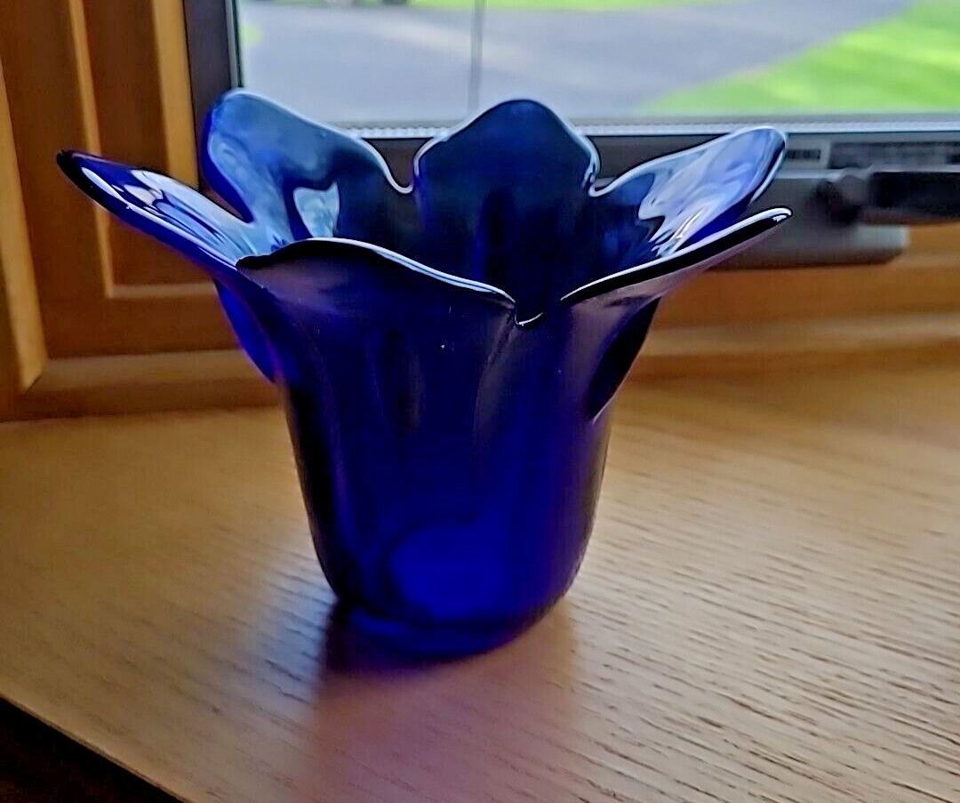 Vintage Cobalt Blue Glass Lotus Flower Vase Candle Holder Made in Spain GORGEOUS