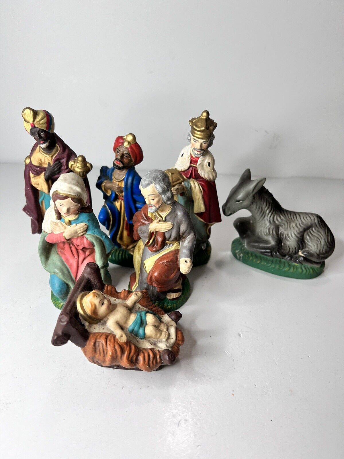 VTG Nativity Holy Family Wise Men Donkey Figures (7) Paper Mache Plaster