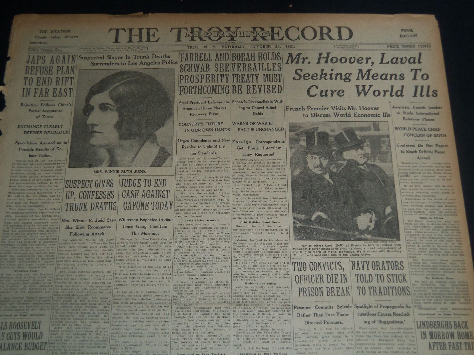 1931 OCTOBER 24 TROY MORNING RECORD - HOOVER-LAVAL SEEKING TO CURE ILLS- NT 7493