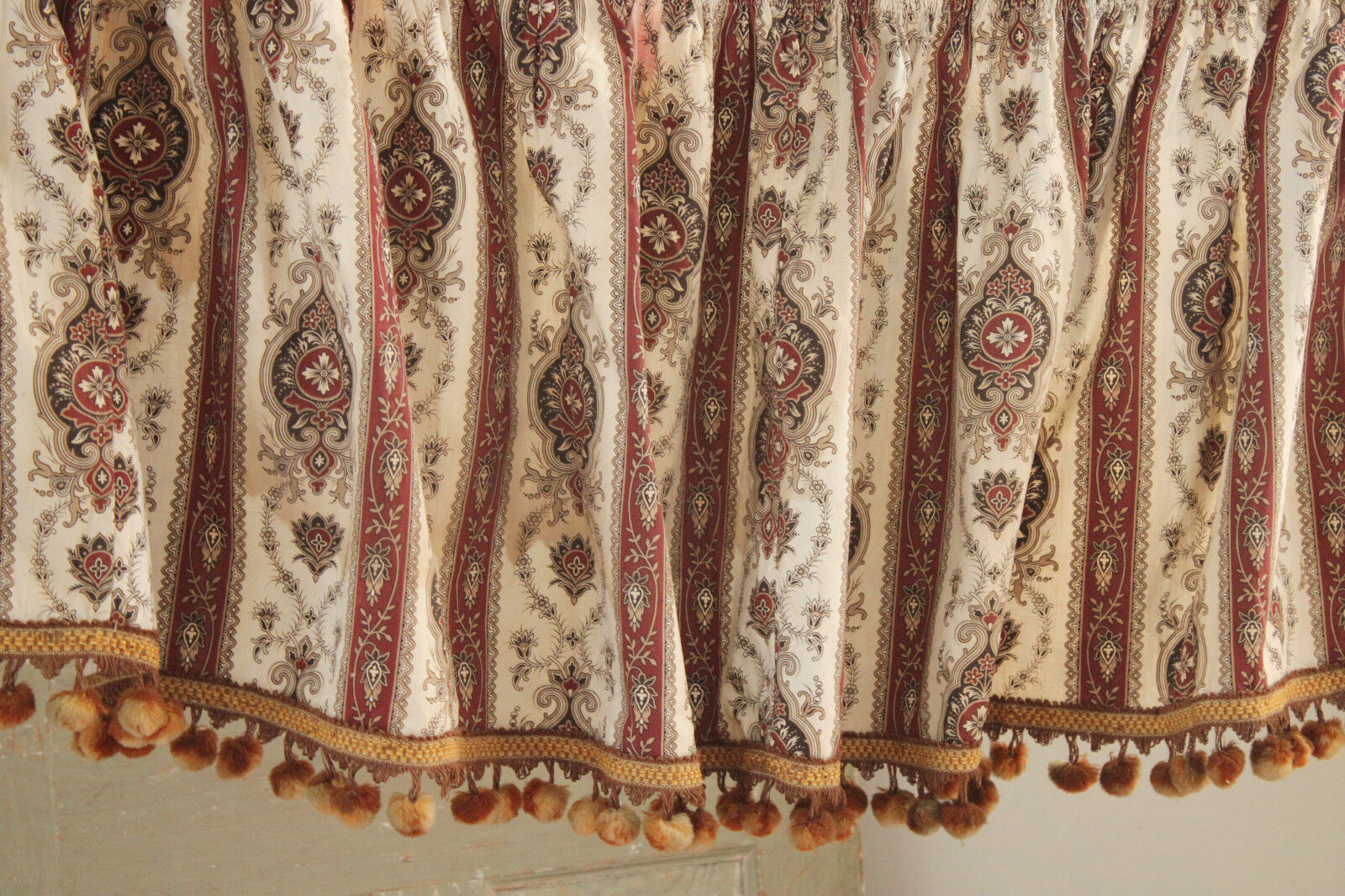 Valance Antique French 1860\'s wool trim bedding textile striped floral ruffle