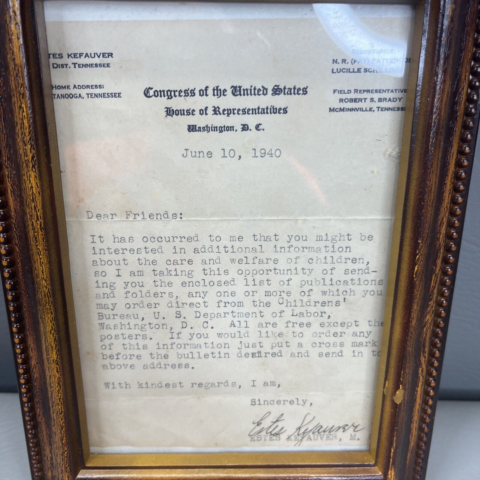 Estes Kefauver Framed Typed and Signed Letter to Friends June 10 1940