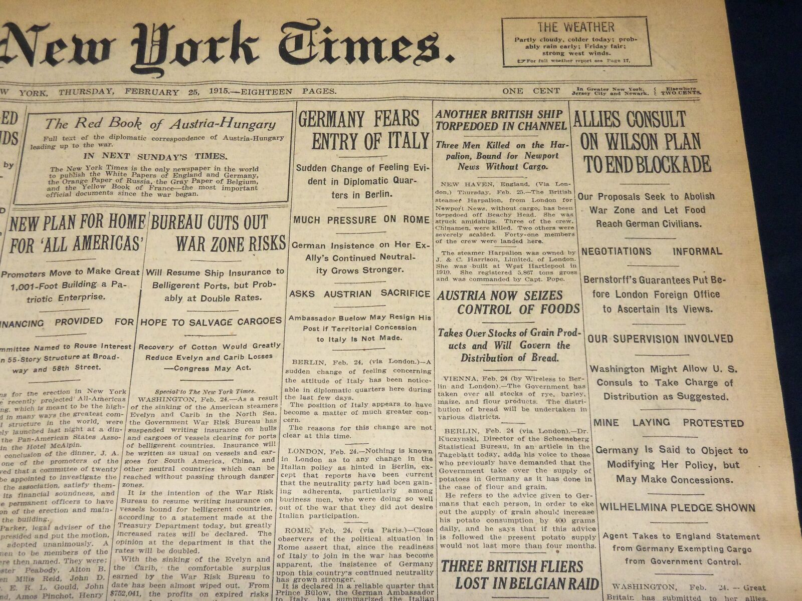 1915 FEBRUARY 25 NEW YORK TIMES - ALLIES CONSULT WILSON ON BLOCKADE END- NT 7774
