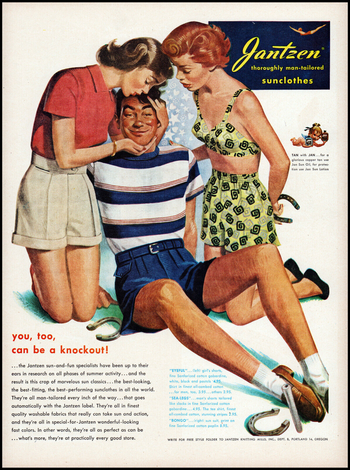 1949 Teen Girls Jantzen Sunclothes art playing horse shoes retro print ad LA31