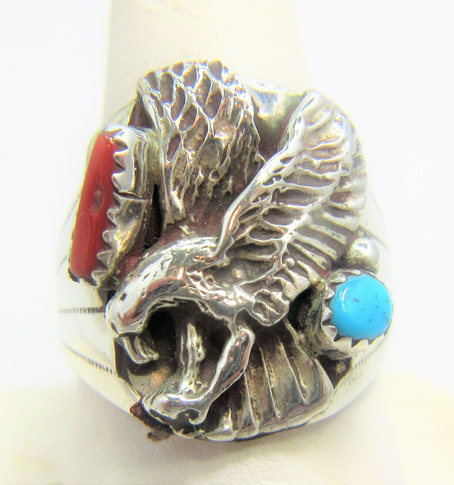 Native American Eagle Ring Size 10 Navajo Grace Smith Turquoise Coral Silver #34