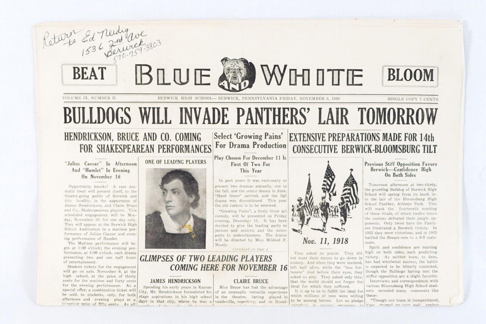1936 Blue & White Berwick PA Highschool Newspaper Berwick Bulldogs