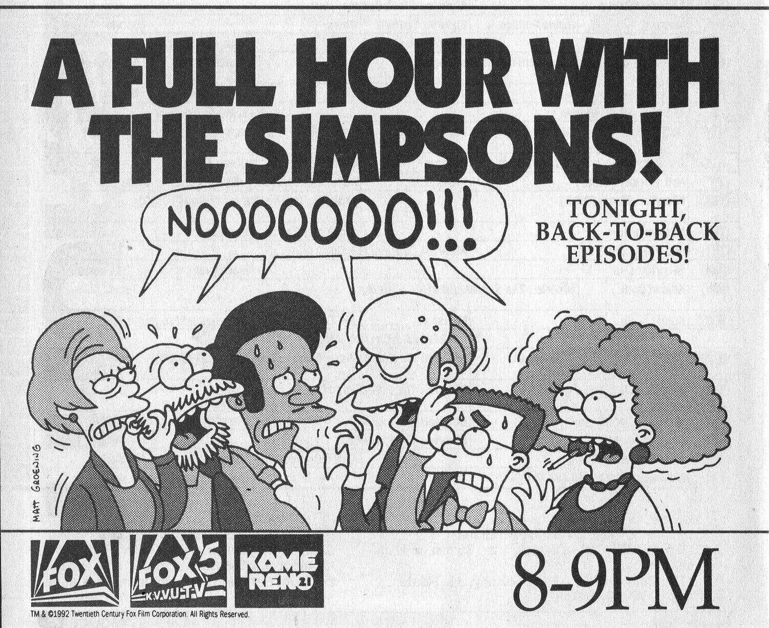 1992 FOX & KAME RENO,NEVADA TV AD ~ THE SIMPSONS BACK TO BACK EPISODES