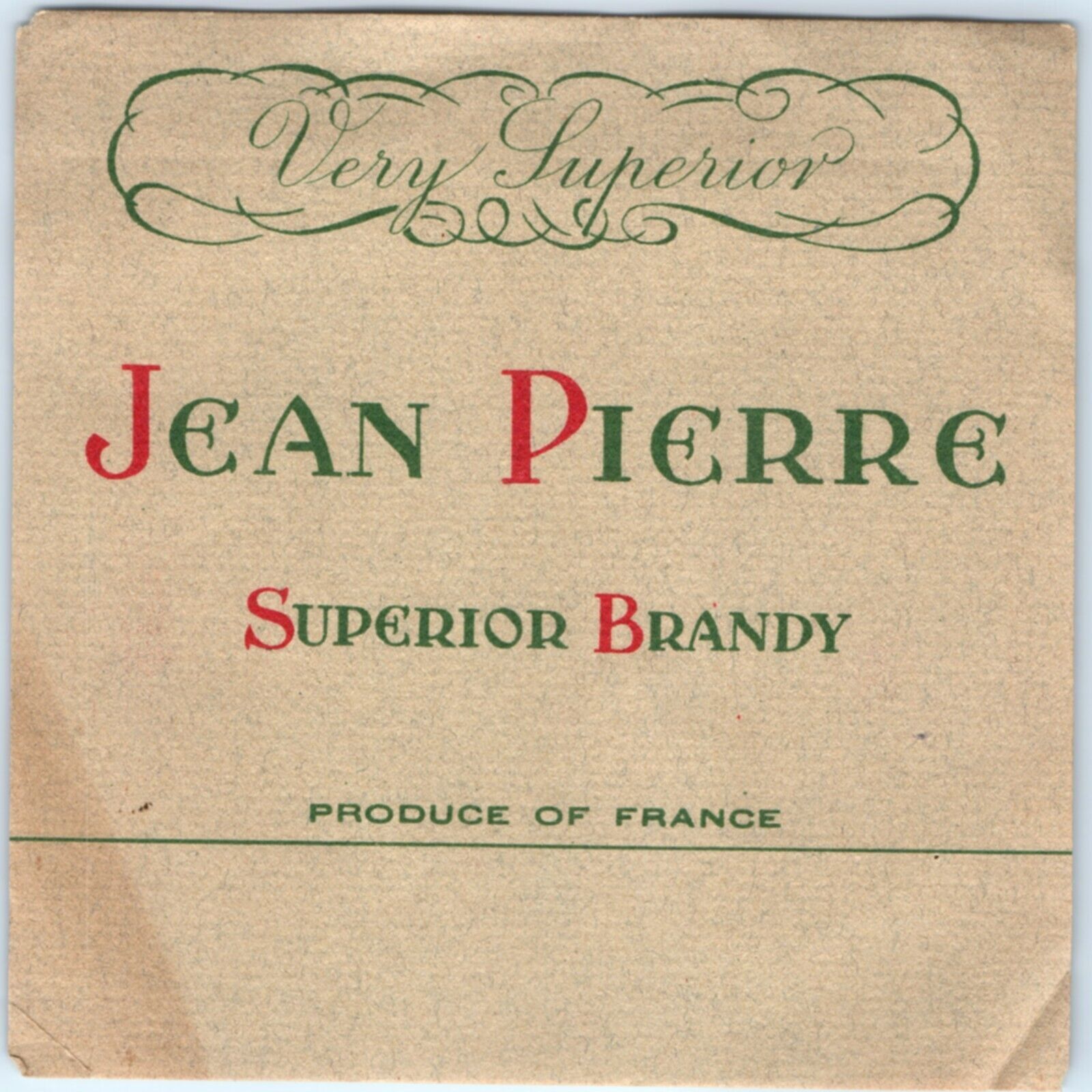  c1940s France Jean Pierre Very Superior Brandy Paper Bottle Label Antique 2T