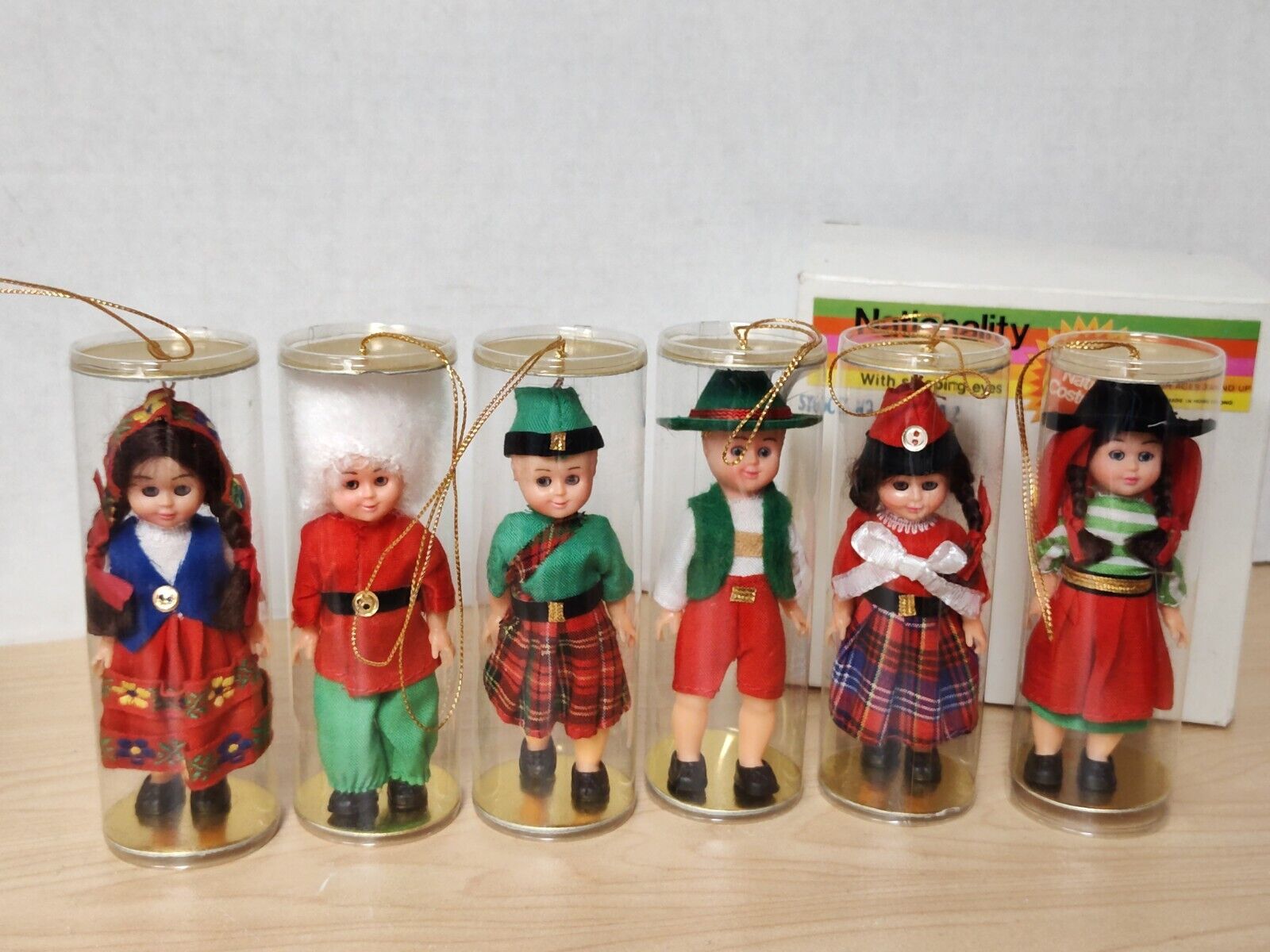 Vintage Nationality Dolls Ornaments, Full Box Of 6, NOS