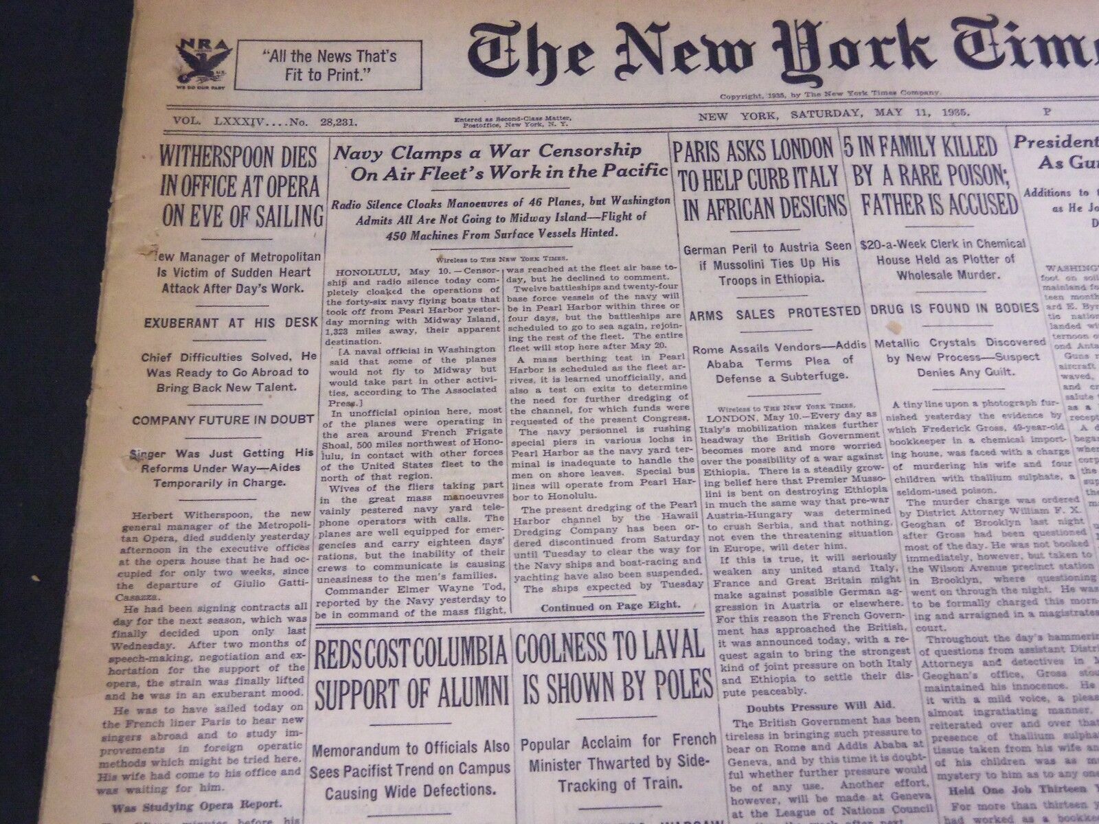 1935 MAY 11 NEW YORK TIMES - WITHERSPOON DIES IN OFFICE AT OPERA - NT 4844