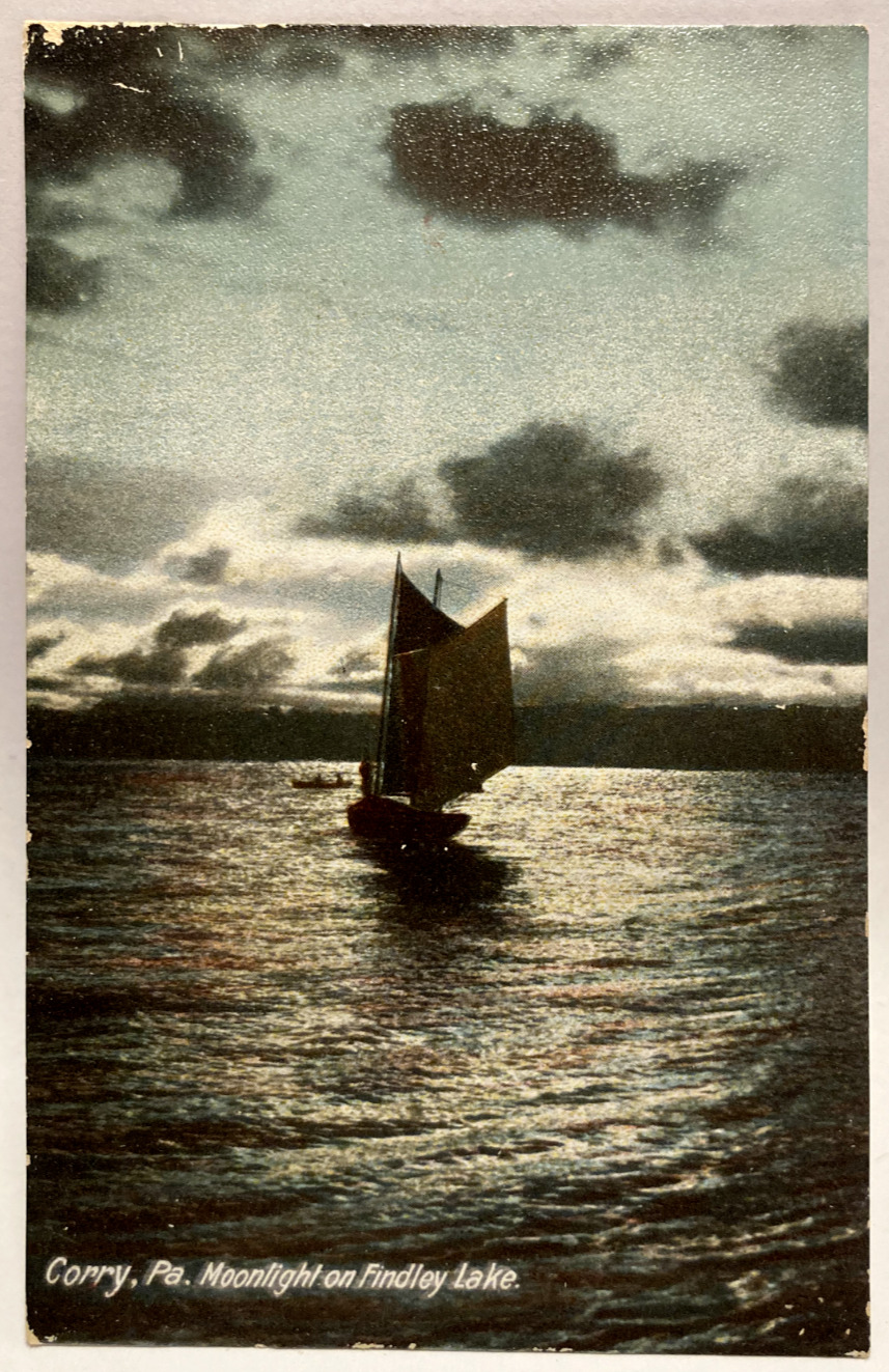 Moonlight on Findley Lake, Corry PA Pennsylvania Vintage Postcard