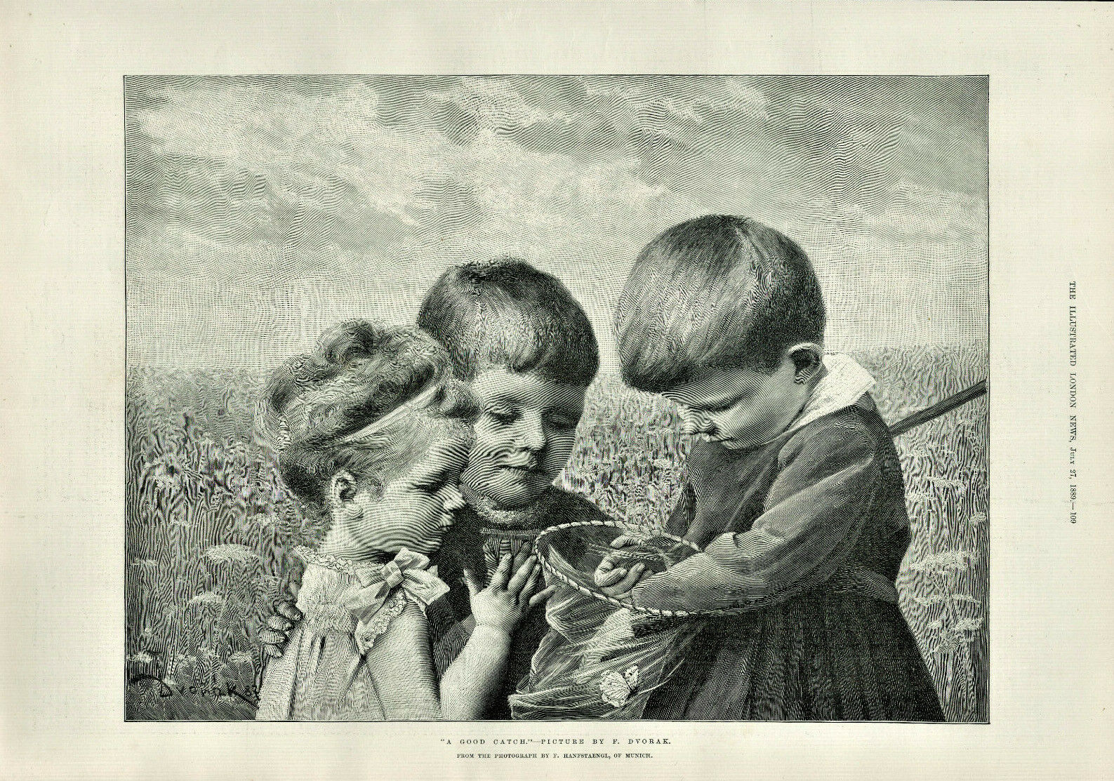 Antique B&W Illustrated Print A Good Catch Children & Butterfly By F Dvorak 1889