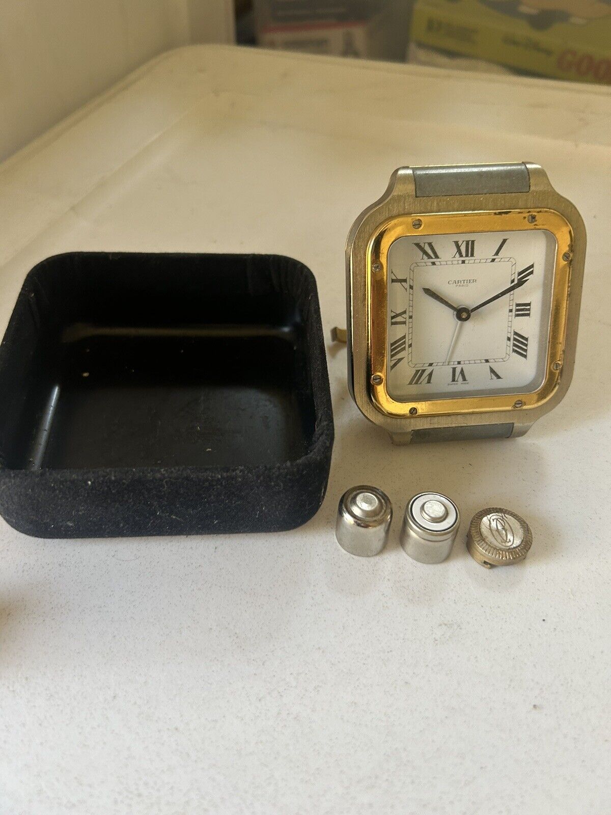 Cartier Santos Swiss Silver & Gold Stainless Steel Travel Desktop Alarm Clock