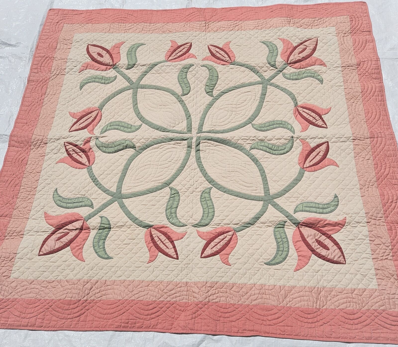 Handmade Quilt Appliqued Triple Tulips Hand Quilted Stunning