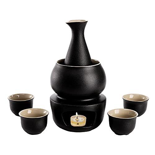 7 Pieces Ceramic Japanese Sake Set With Warmer Hot Saki Set Black