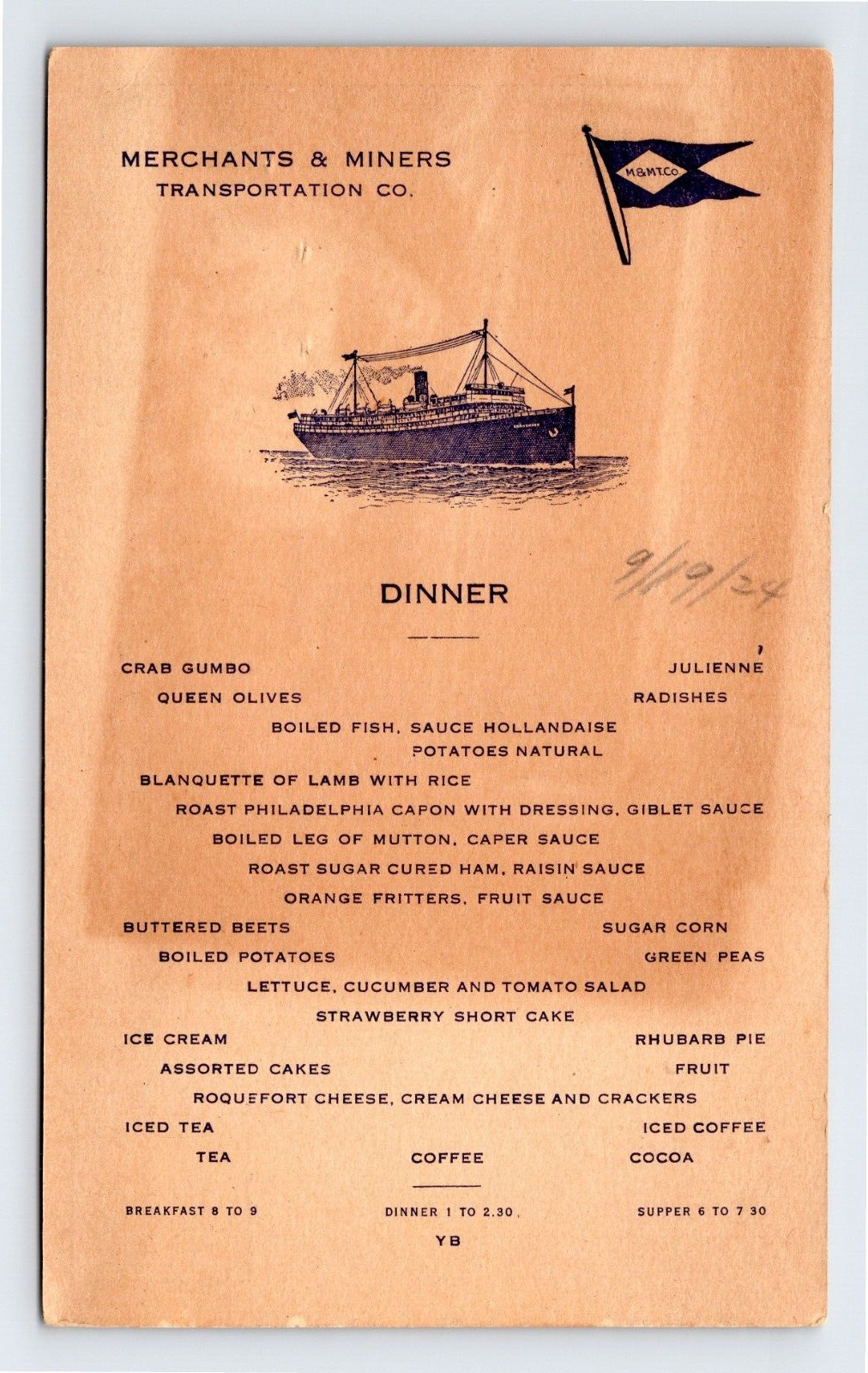 1924 Menu Merchants & Miners Transportation Co Postcard Coastwise Steamship
