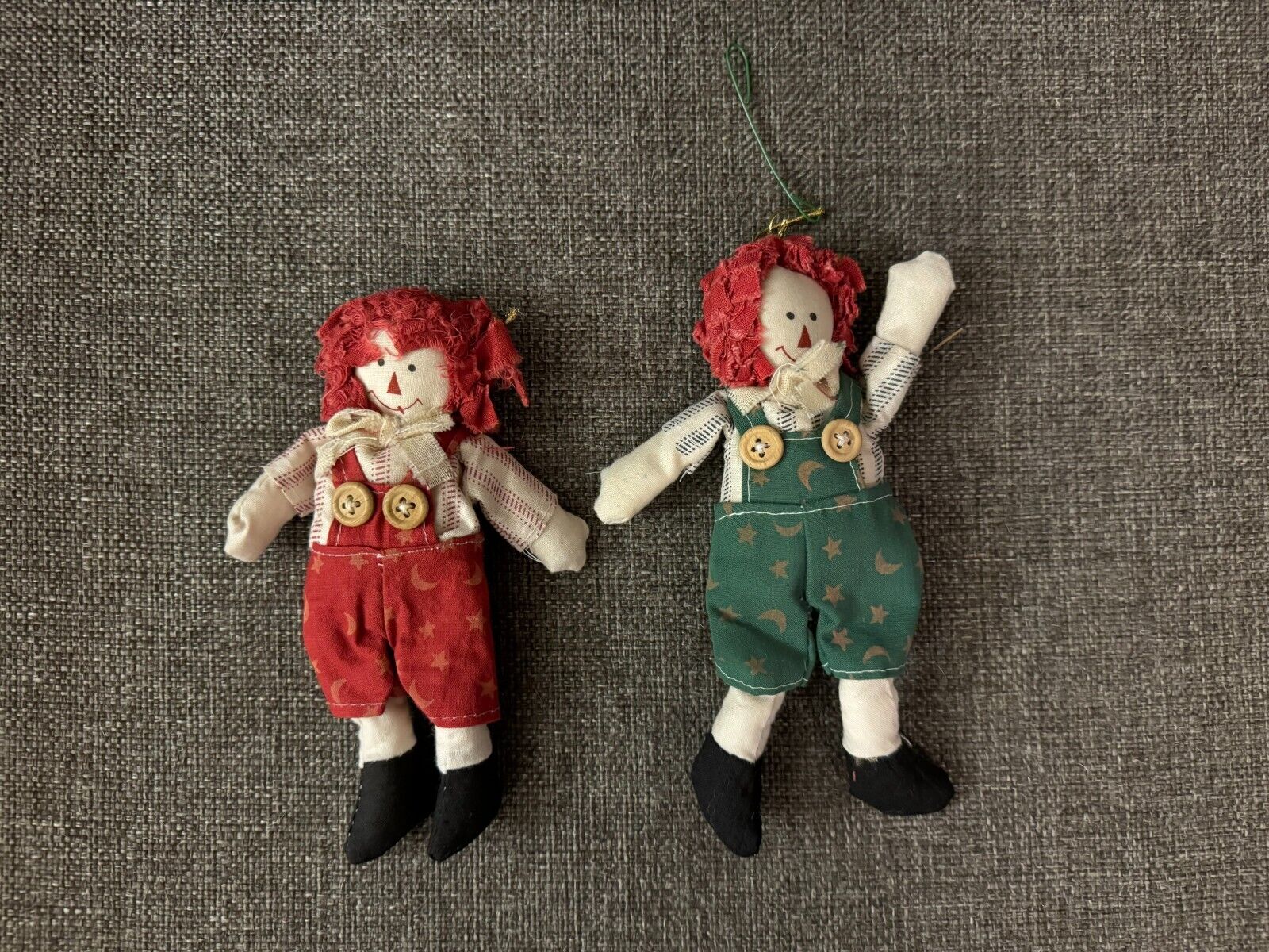 Vintage Handmade Raggedy Ann and Andy Doll Holiday Ornaments