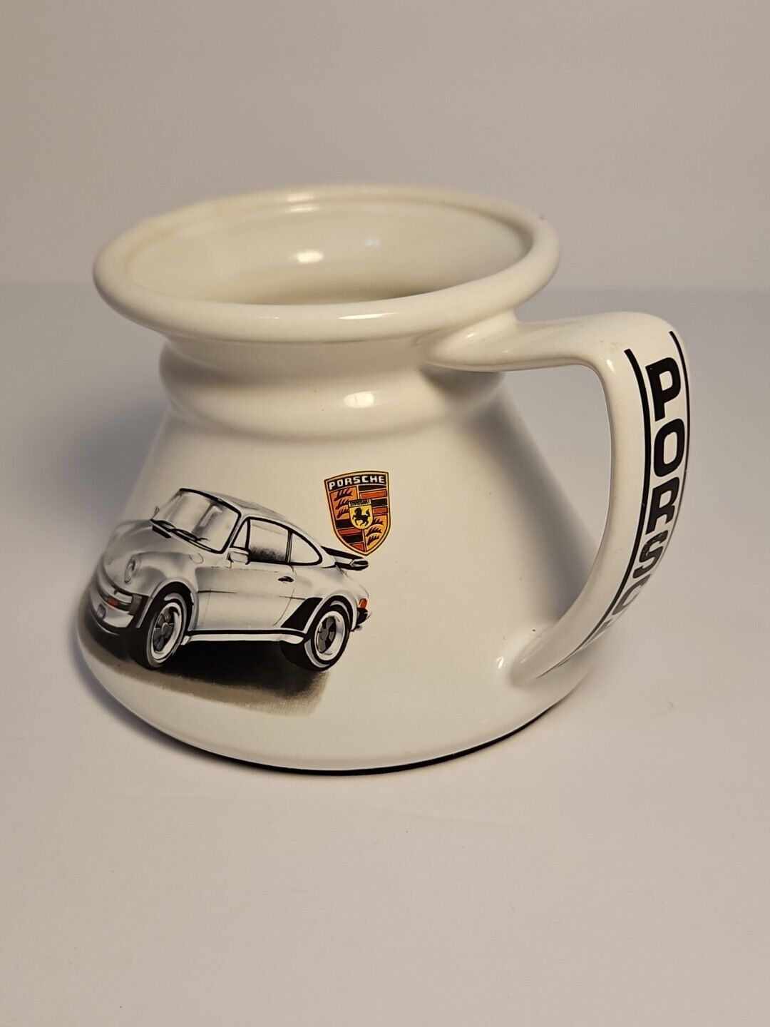 Vintage Coffee Mug Porsche Car Cup Spill Proof Gray White Travel Spelled Out