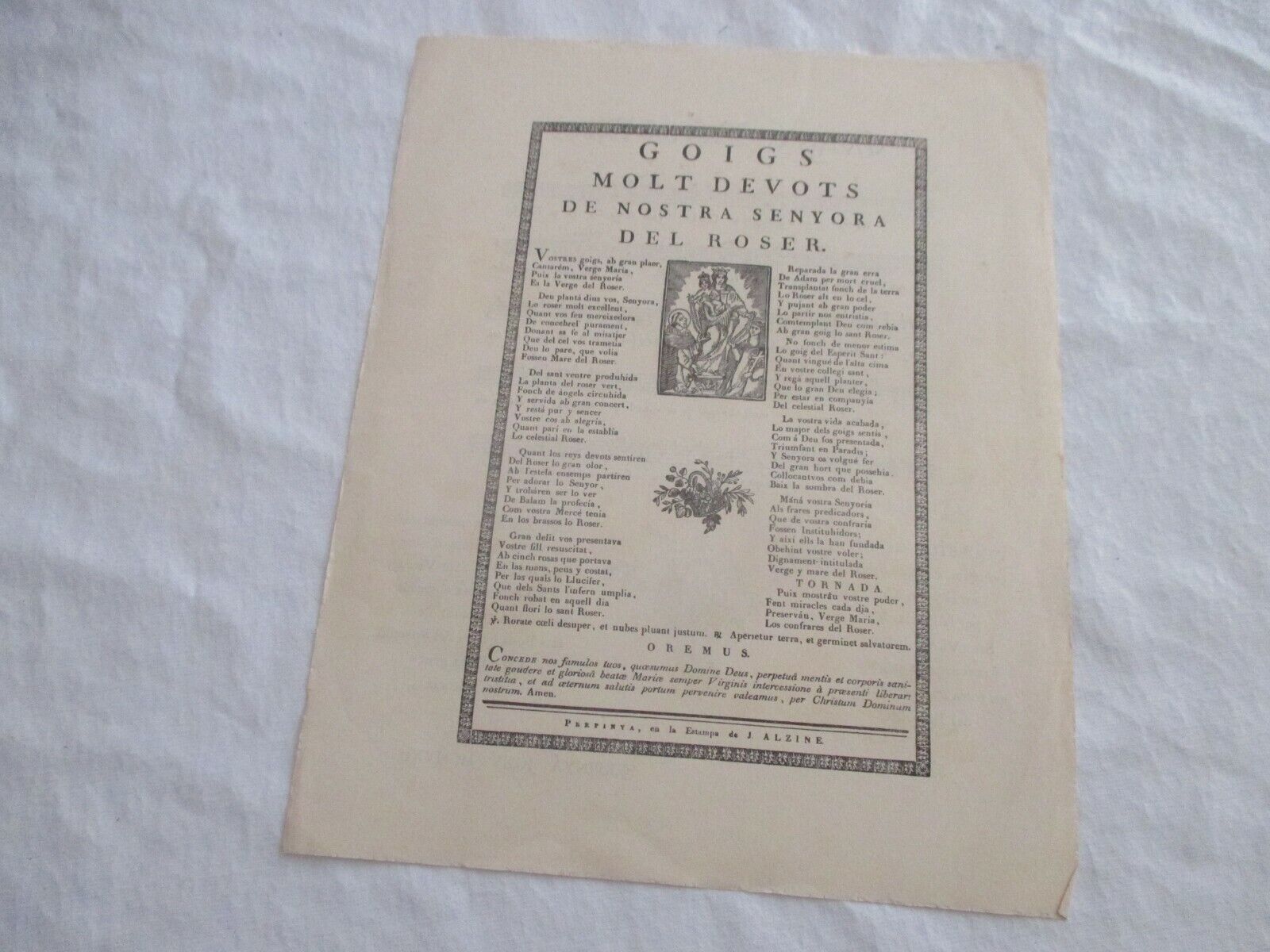 old papers 1962 lithograph of GOIGS poem Our Lady of the Rosary Perpinya