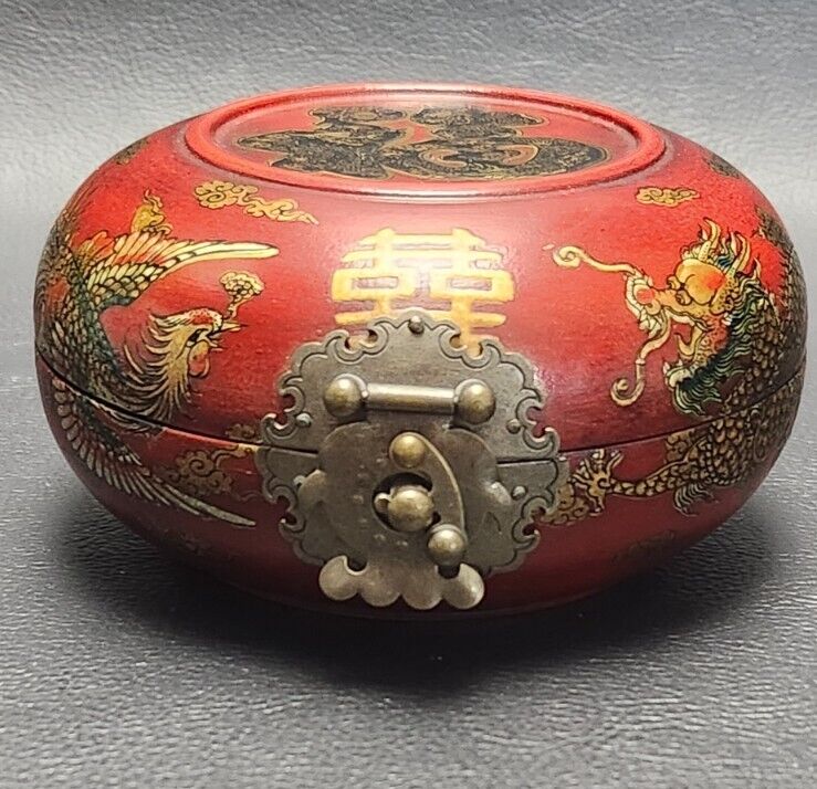 Wooden Trinket Jewelry Box Oriental Dragon Metal Hardware Red Black Painted 