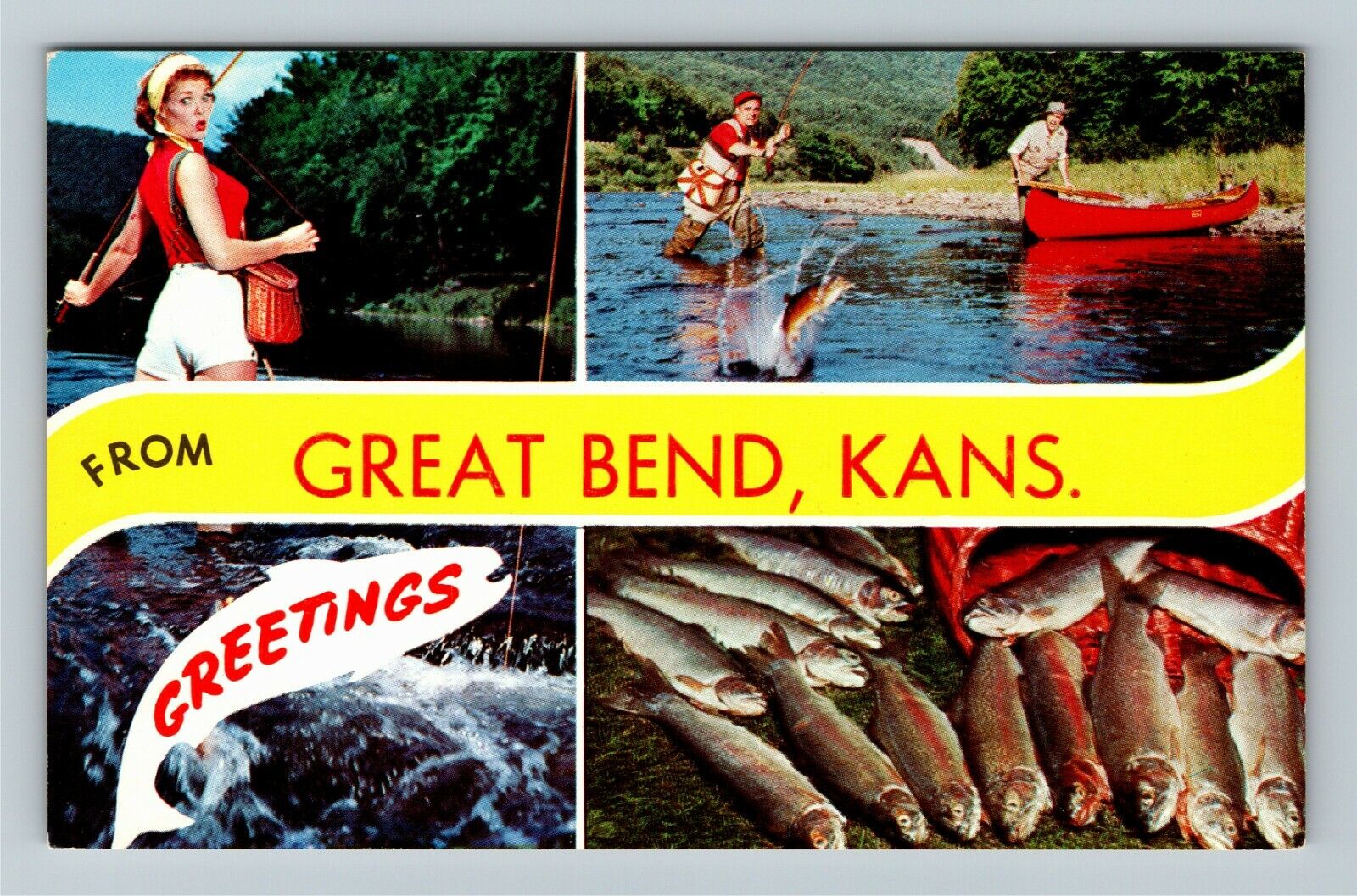 Great Bend KS-Kansas, Banner Greetings Vintage Souvenir Postcard