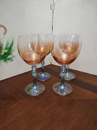 4 Vintage Bohemia Crystal  Wine Glass Stemware Rose Fade Bowl Blue Stem 8 oz.
