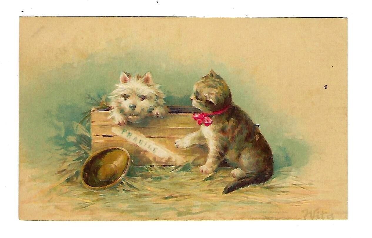c1905 Signed Postcard Puppy & Kitten - Unposted