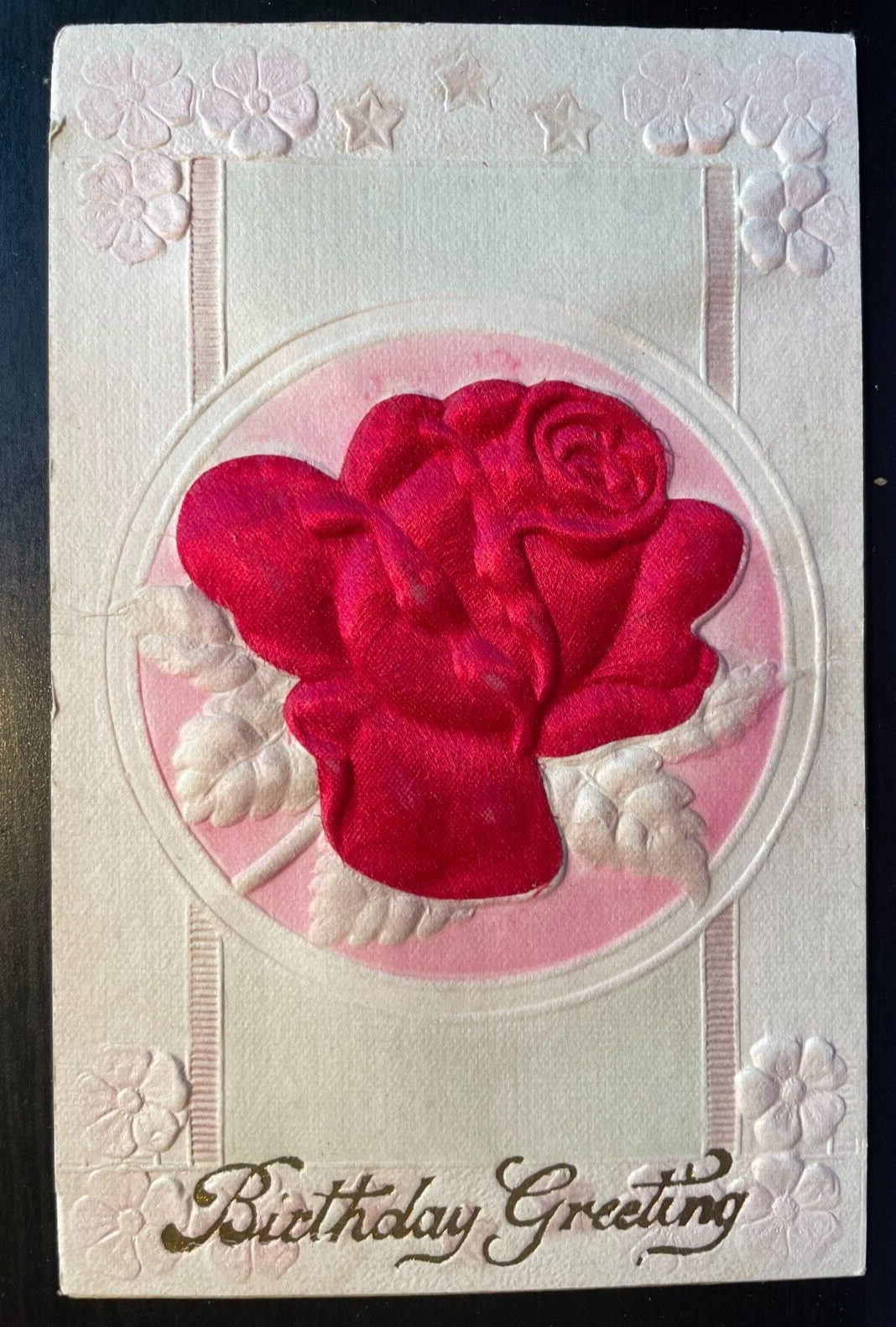 Vintage Victorian Postcard 1901-1910 Birthday Greeting, Red Embossed Fabric Rose