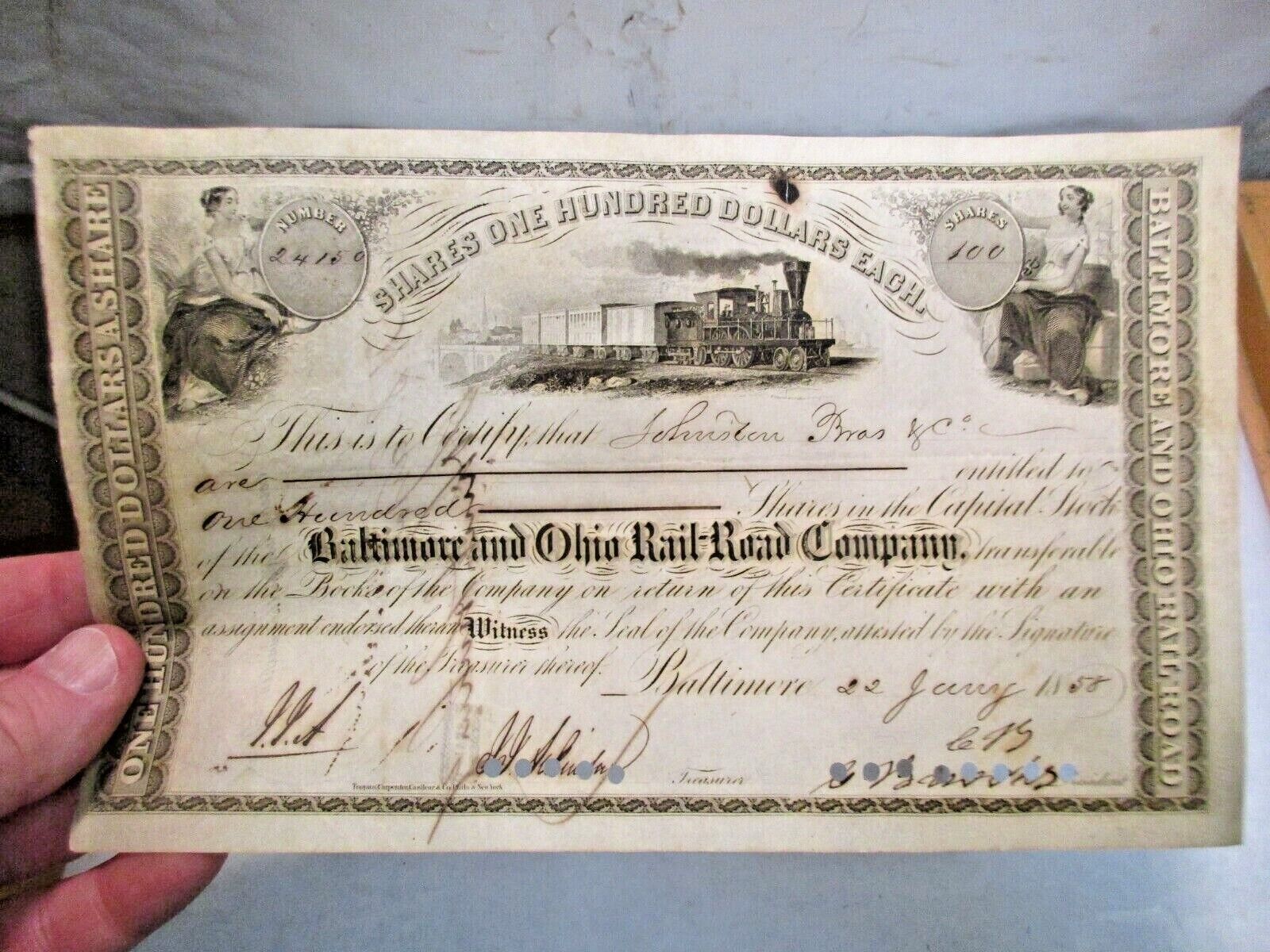 22 January 1858 Baltimore & Ohio B&O Railroad Stock Certificate - Cancelled 