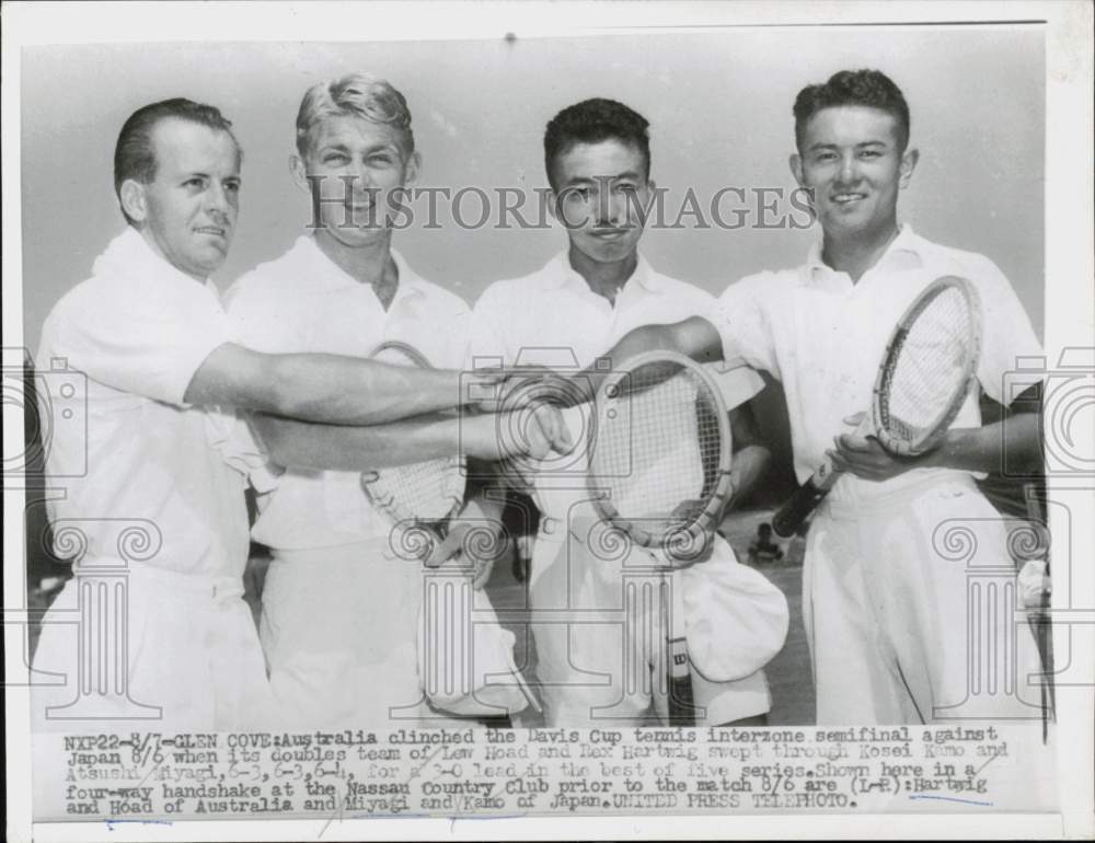 1955 Press Photo Australia and Japan\'s doubles teams at Davis Cup semifinals, NY