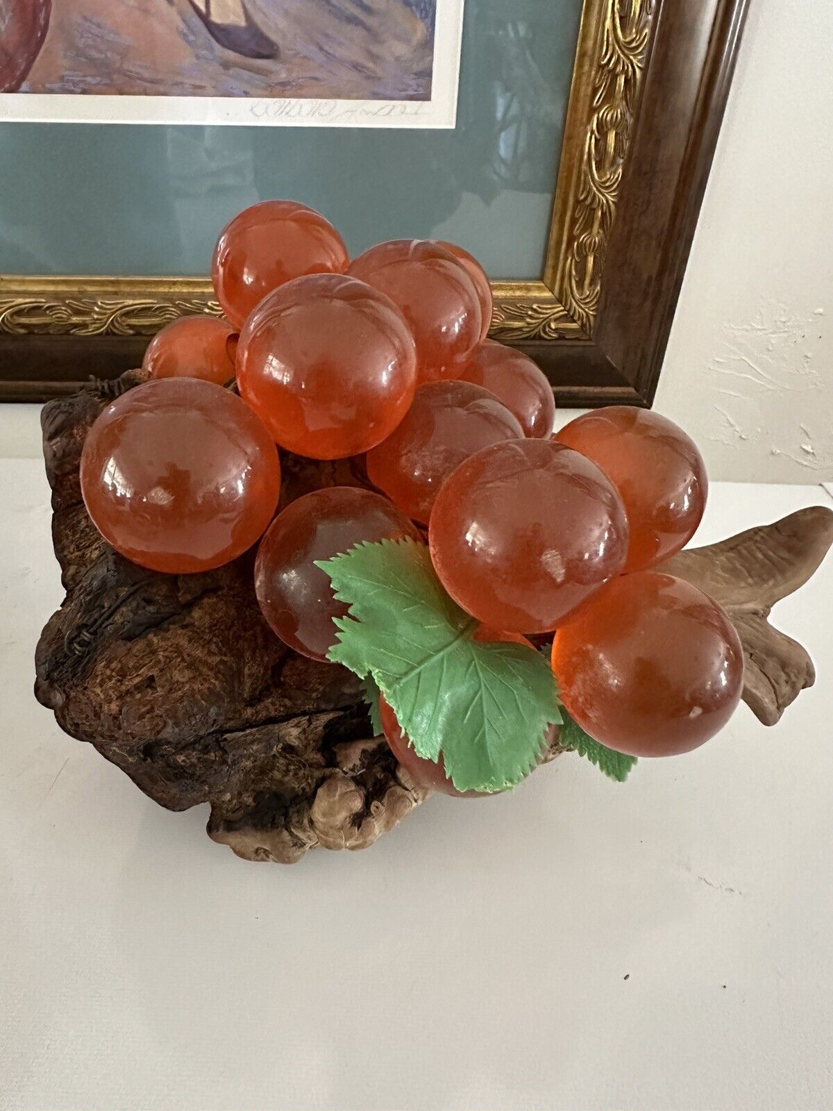 Vintage Acrylic Lucite Orange Grapes Cluster on Burl Wood Boho MCM Large